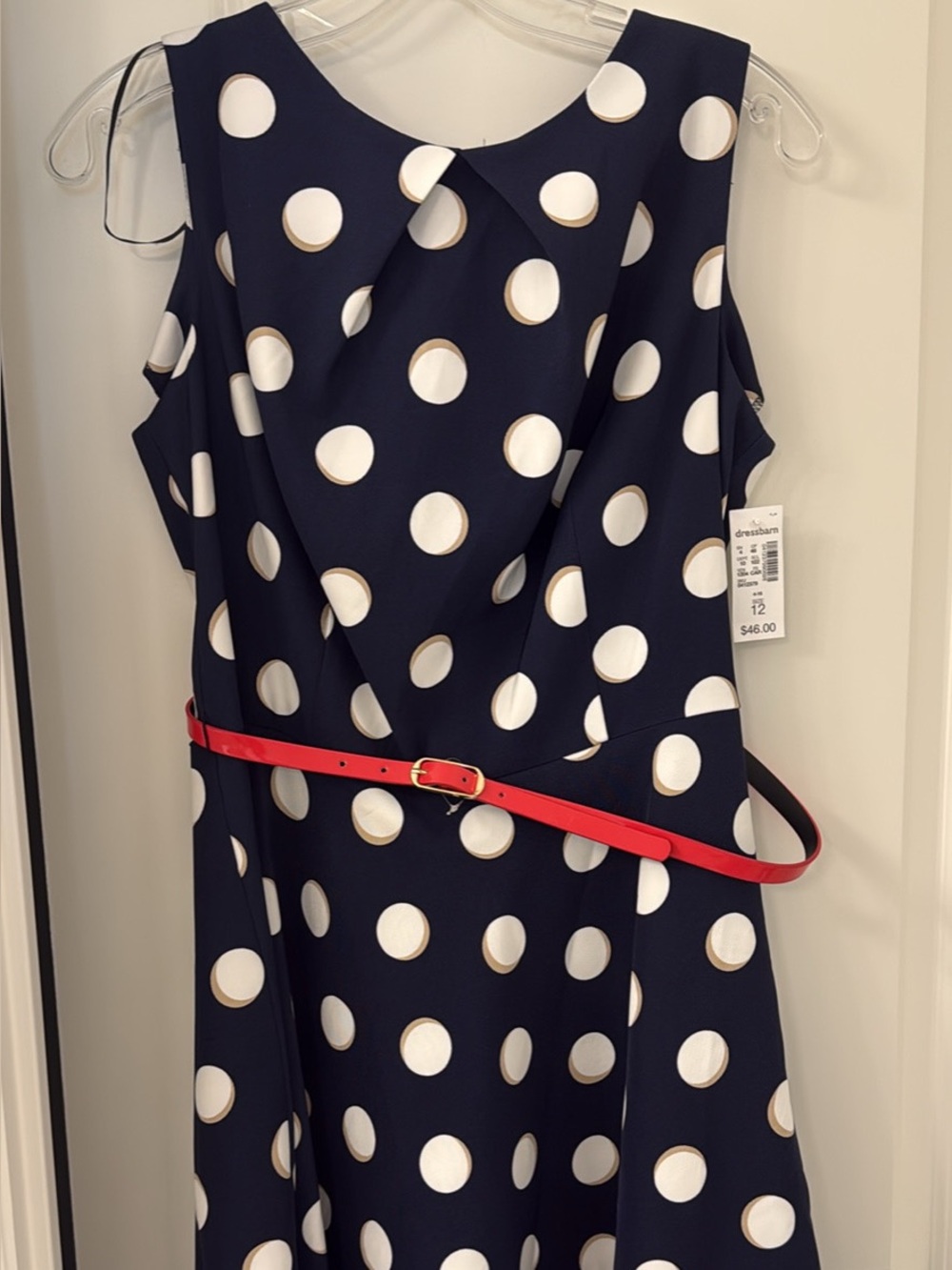 Dressbarn Navy Polka Dot Fit & Flare Dress with Red Belt – Size 12 NWT